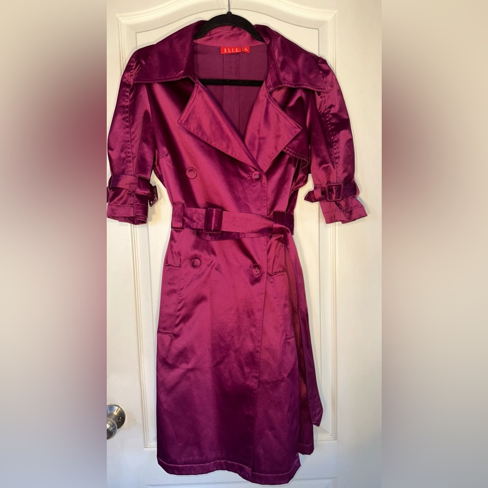 ELLE Purple /  Pink  Short Sleeve Trench Dress Coat Jacket with Pleats M EUC